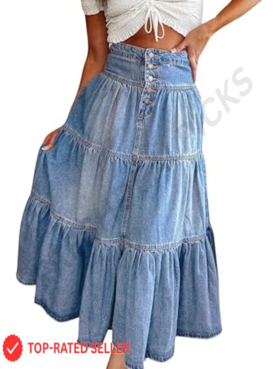 Dresses & Skirts - Women's High Waist Denim Maxi Skirt Button Boho Flowy Ruffle Swing A-Line Long